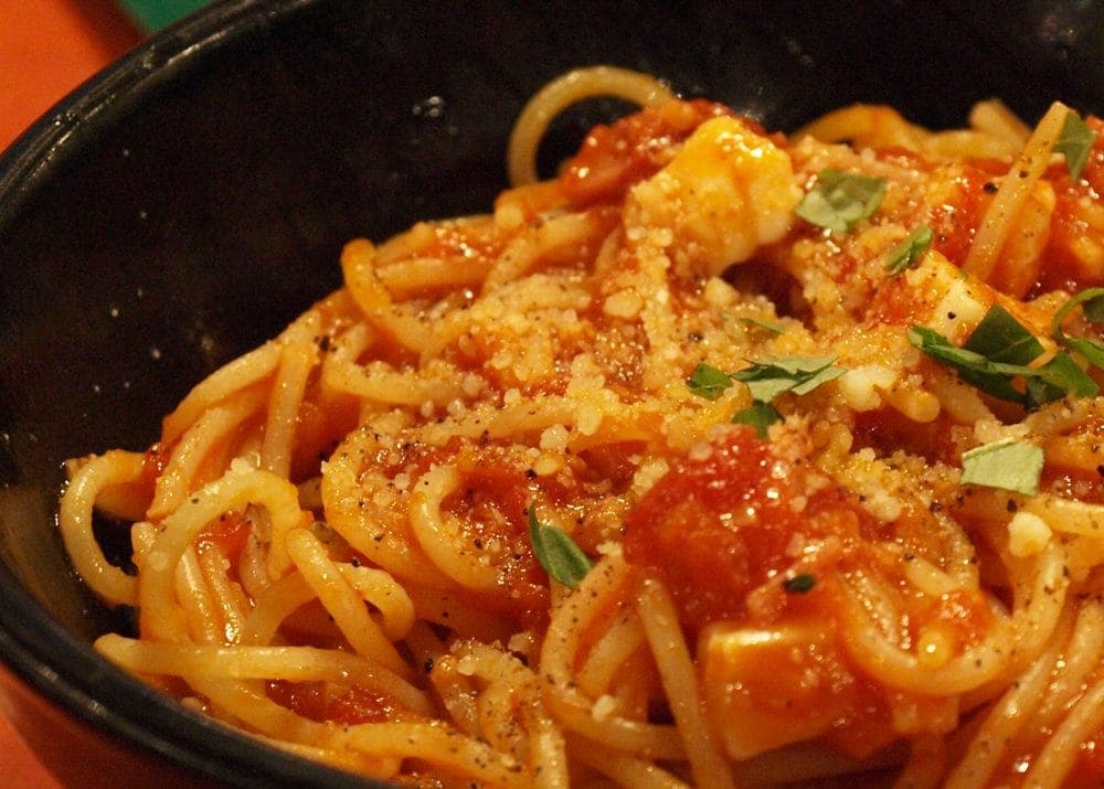 Carbonara Style Spaghetti with Spicy Tomato Sauce