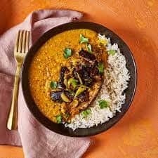 Sri Lankan Coconut Dal with Aubergine Pickle